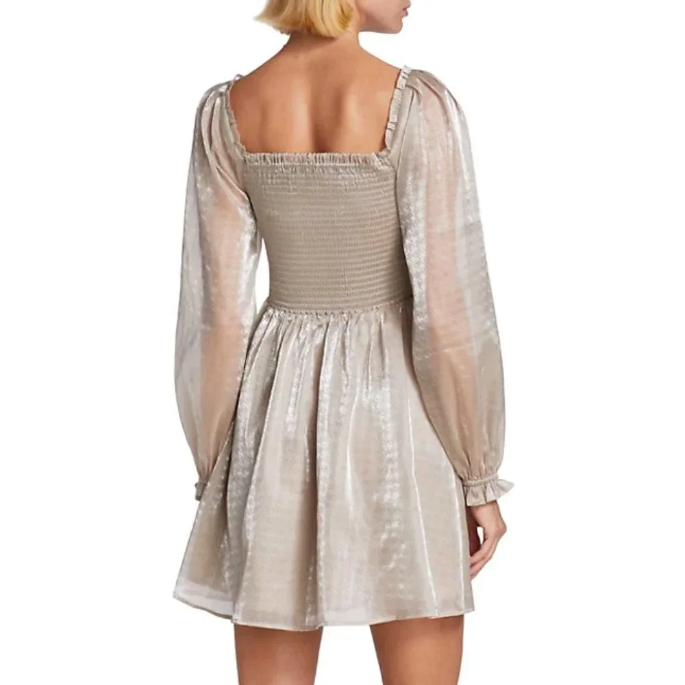 NWT Wayf Shiny Hounstooth Print Satin Smocked Puff-Sleeve Square Neck Mini dress - Picture 4 of 5